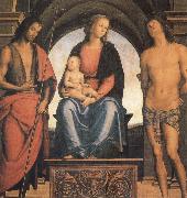 Pietro vannucci called IL perugino The Madonna and the Nino enthroned, with the Holy Juan the Baptist and Sebastian oil on canvas